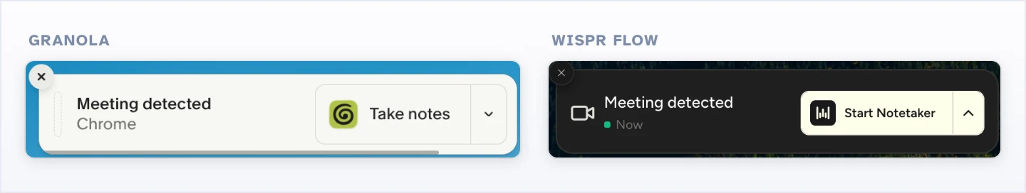 Meeting detected pop ups from Granola and Wispr Flow